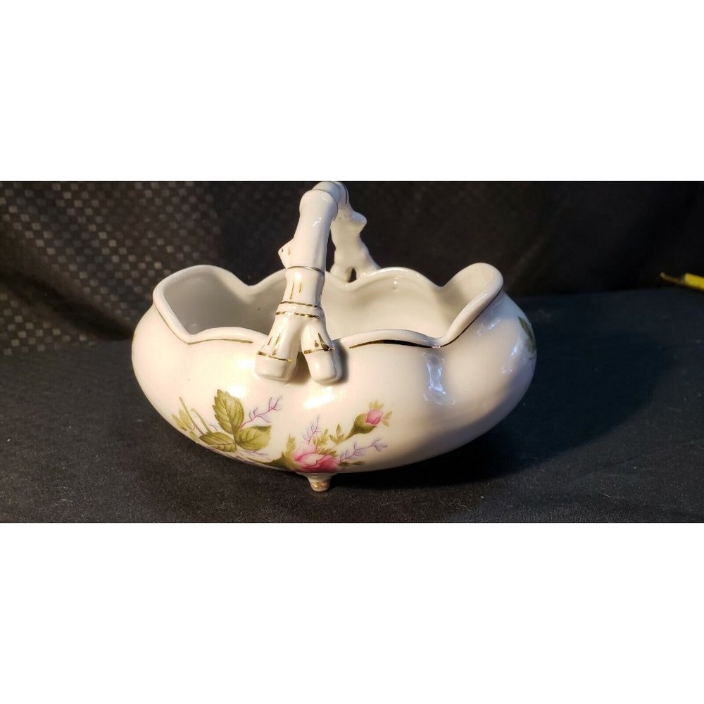 Vintage L&M INC White Porcelain Basket Pink Roses Embossed Handle 6"x 4"